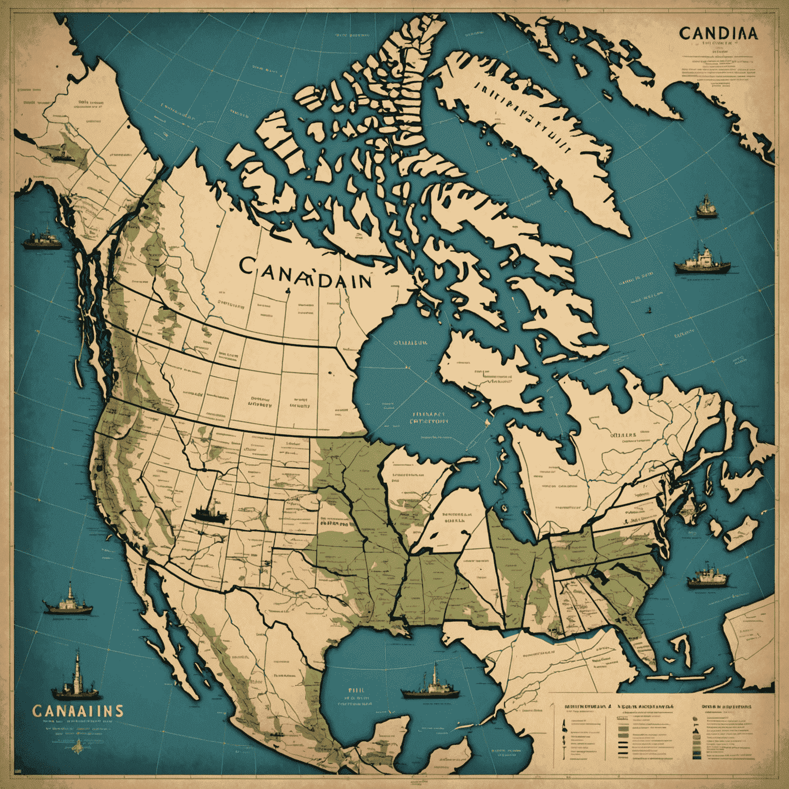 Vintage map of Canadian oil pipelines overlaid with illustrations of oil tankers and pipeline infrastructure, showcasing the interconnected network of energy distribution across the country