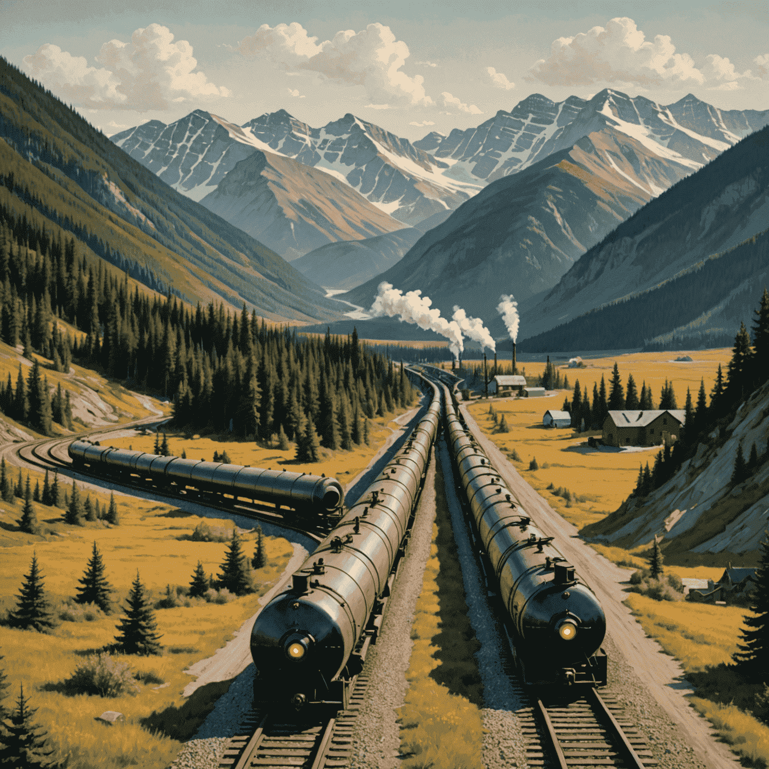 Vintage illustration of an oil pipeline stretching across a Canadian landscape, with mountains in the background and a train carrying oil tanks in the foreground