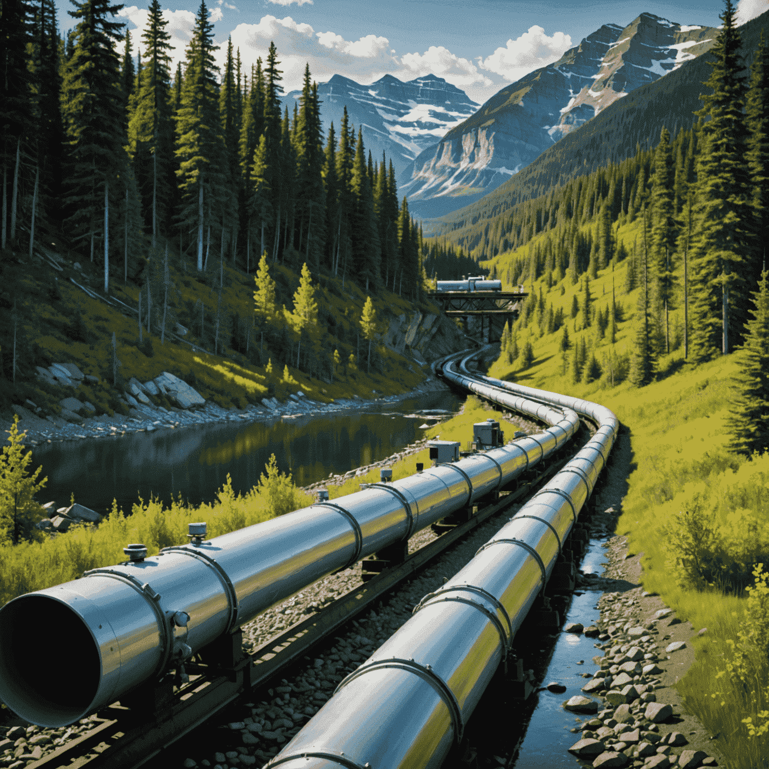 A detailed illustration of modern pipeline safety technologies, including sensors, monitoring systems, and protective coatings, set against a backdrop of Canadian wilderness.