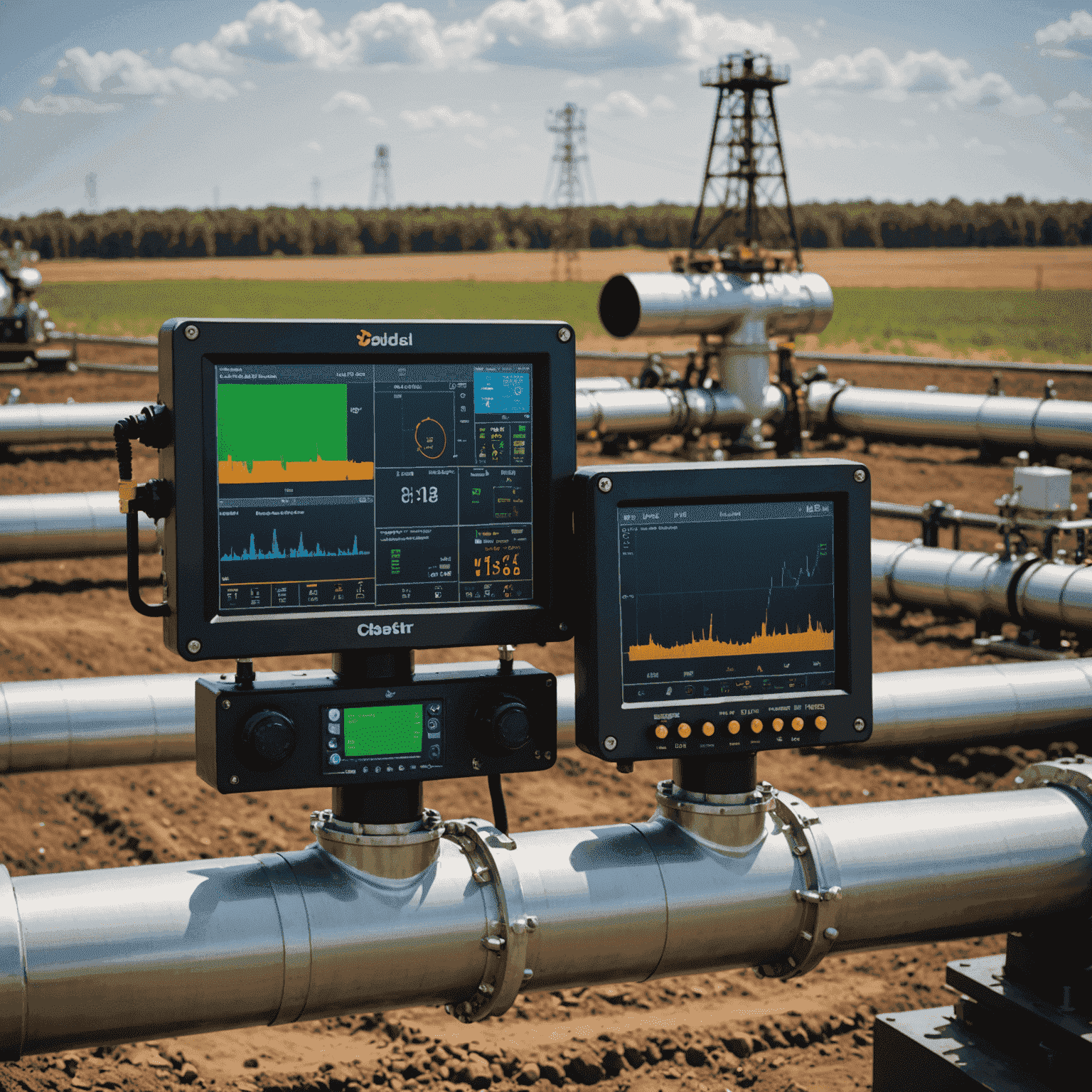 Advanced pipeline monitoring system with sensors and digital displays showing real-time data of oil flow and pipeline integrity