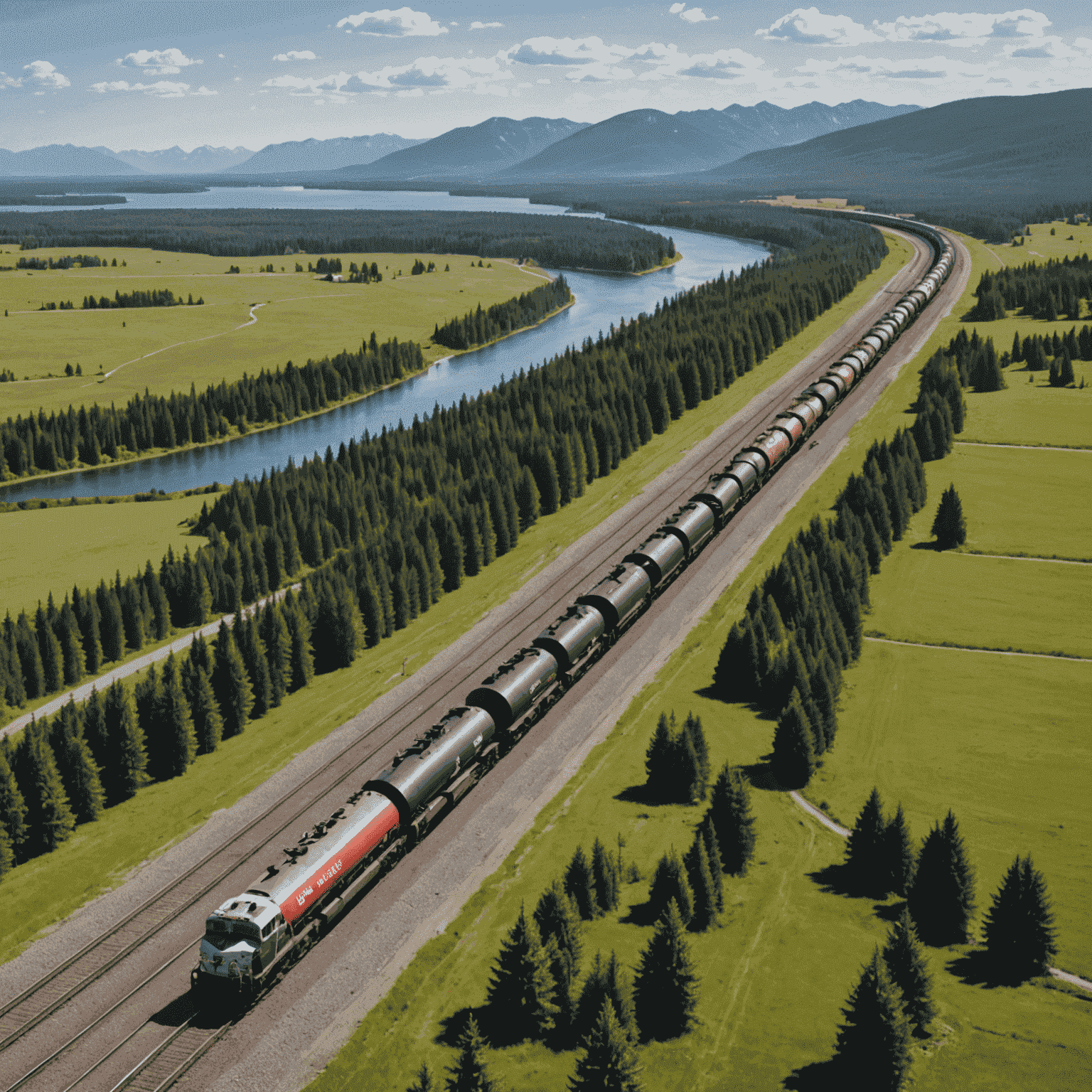 Split image showing a freight train carrying oil tankers on one side and an oil pipeline stretching across a Canadian landscape on the other, symbolizing the comparison between rail and pipeline transportation of oil