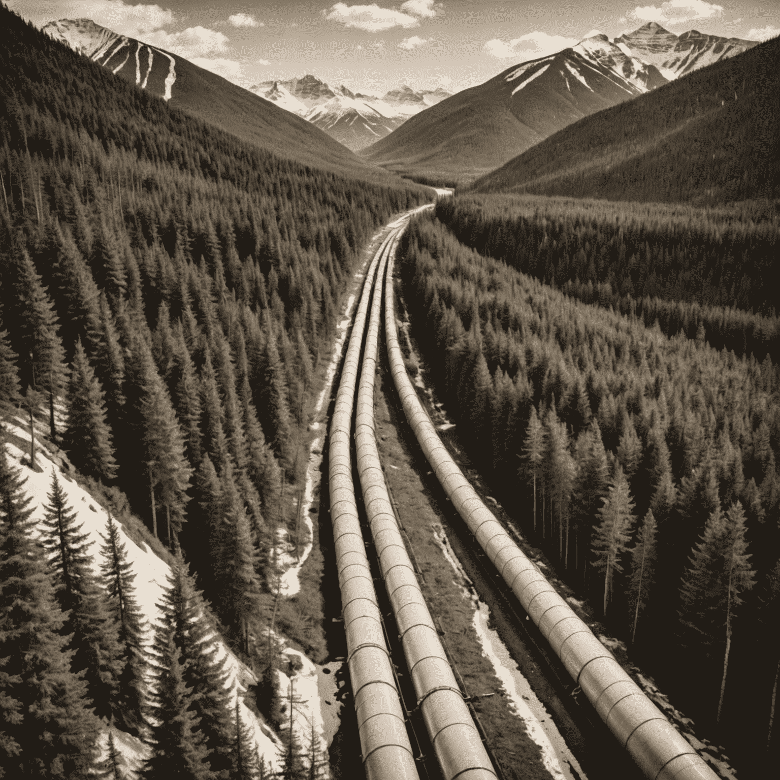 An aerial view of an oil pipeline cutting through a pristine Canadian forest, with snow-capped mountains in the background. The image has a sepia tone and grainy texture to give it a vintage feel.