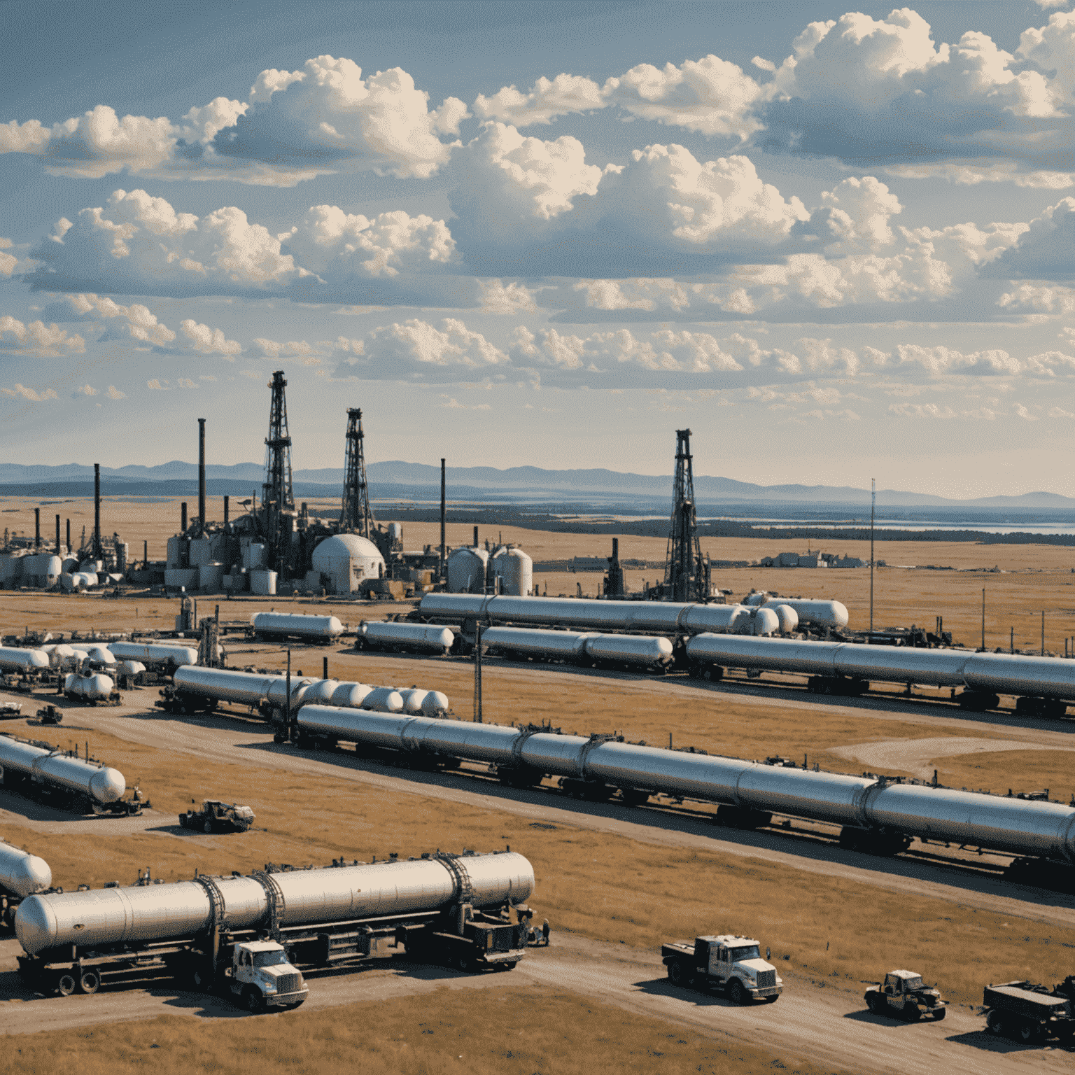 Panoramic view of Canadian oil fields with pipelines stretching across the landscape, oil tankers in the distance, and workers inspecting equipment