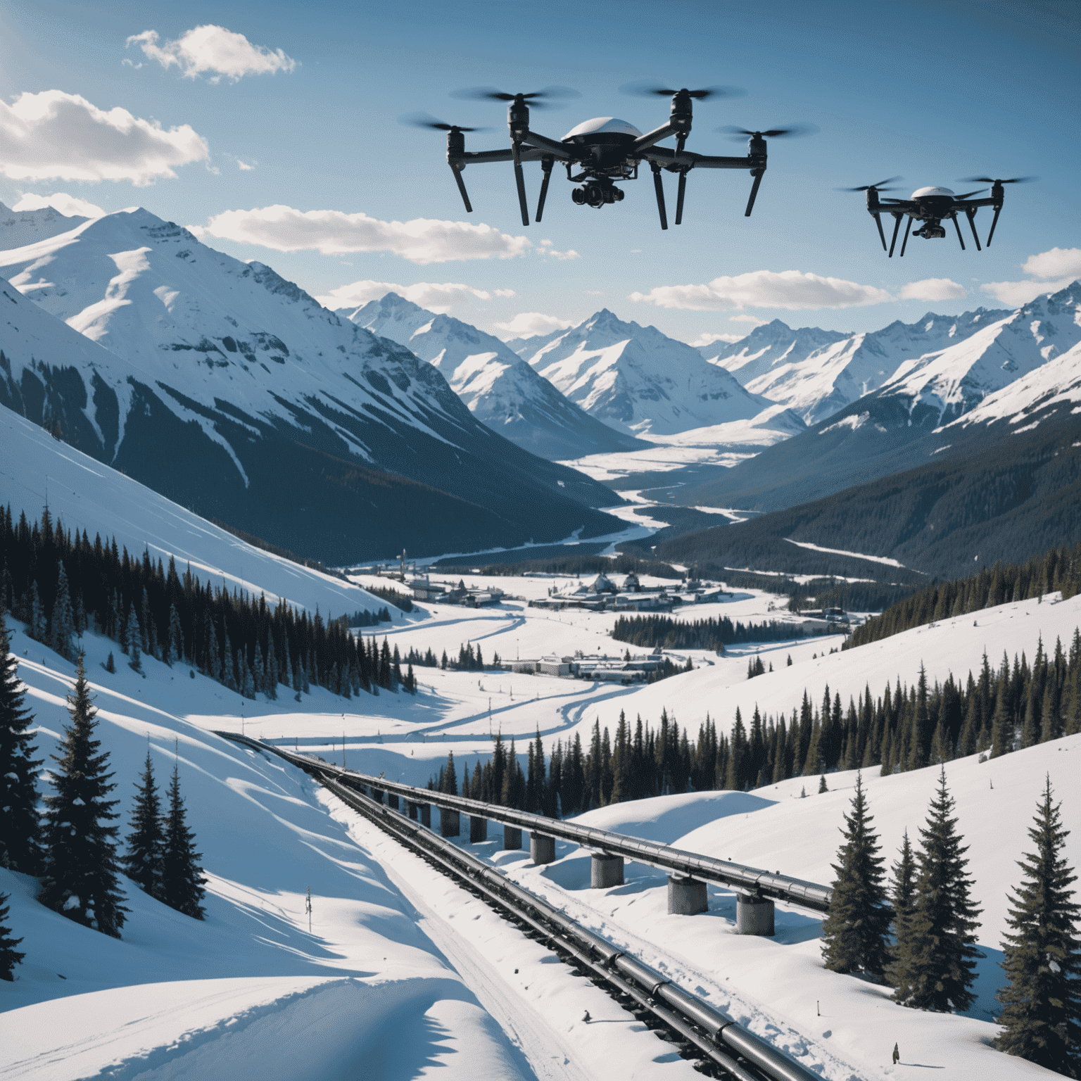 Futuristic pipeline system traversing Canadian landscape with snow-capped mountains in the background and modern monitoring drones flying overhead