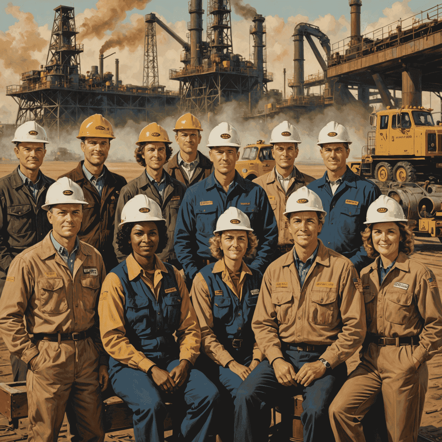 Collage of vintage-style portraits featuring the diverse team of Cheetah Sunroom, including pipeline engineers, logistics specialists, and energy analysts, set against a backdrop of Canadian oil fields