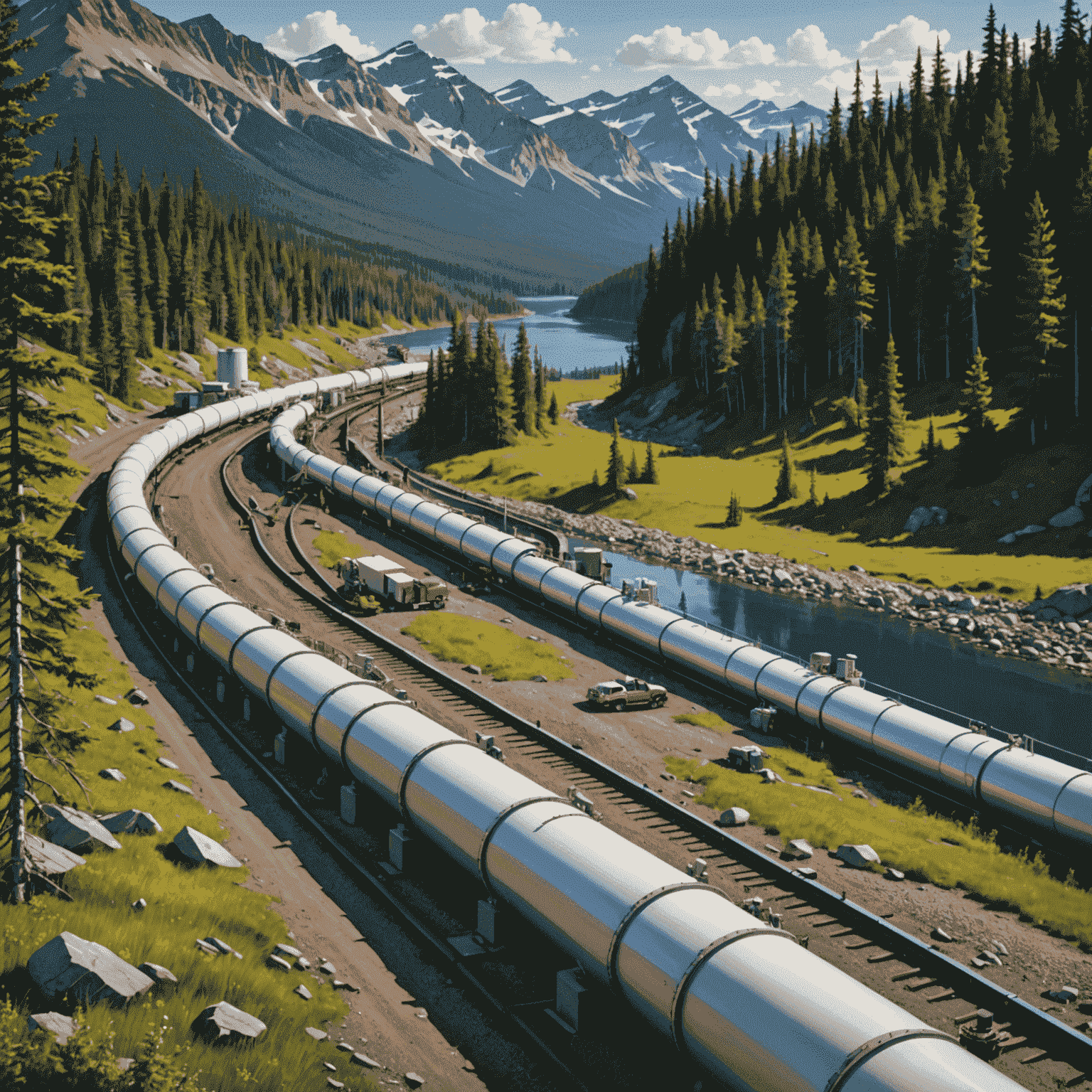 A detailed illustration of modern pipeline safety technologies, including sensors, monitoring systems, and protective coatings, set against a backdrop of Canadian wilderness.