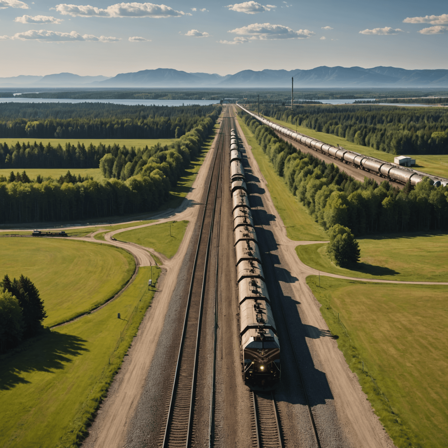 A split image comparing a freight train carrying oil tankers on one side and an underground pipeline system on the other, with Canadian landscape in the background.