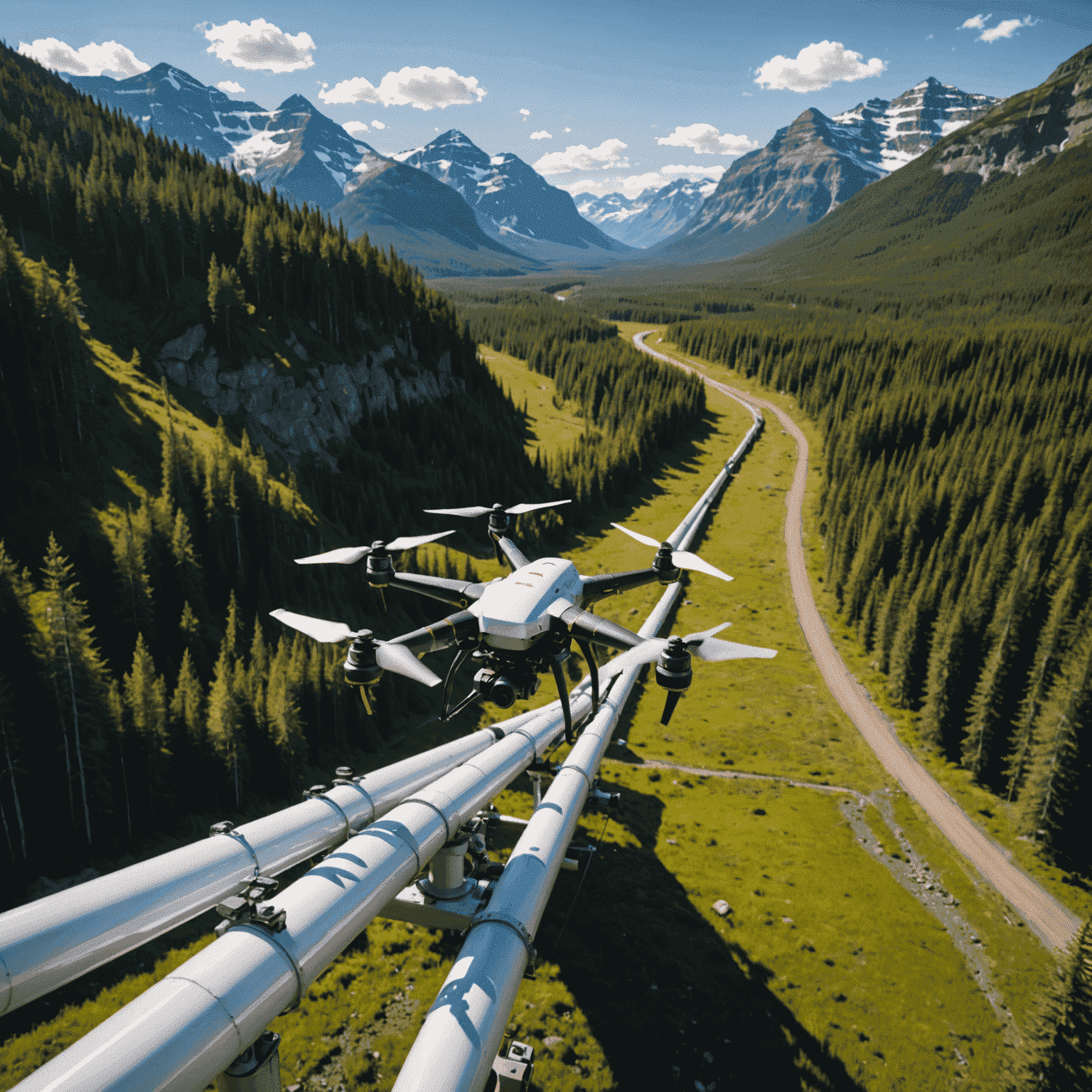 Drone inspecting a pipeline in a remote Canadian landscape, with mountains and forests in the background