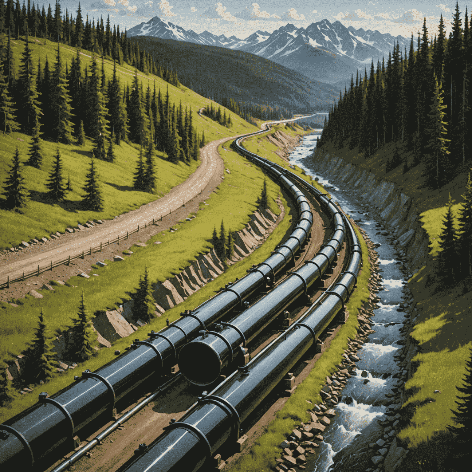 Detailed illustration of a modern oil pipeline system cutting through diverse Canadian terrains, showcasing its efficiency and integration with the landscape