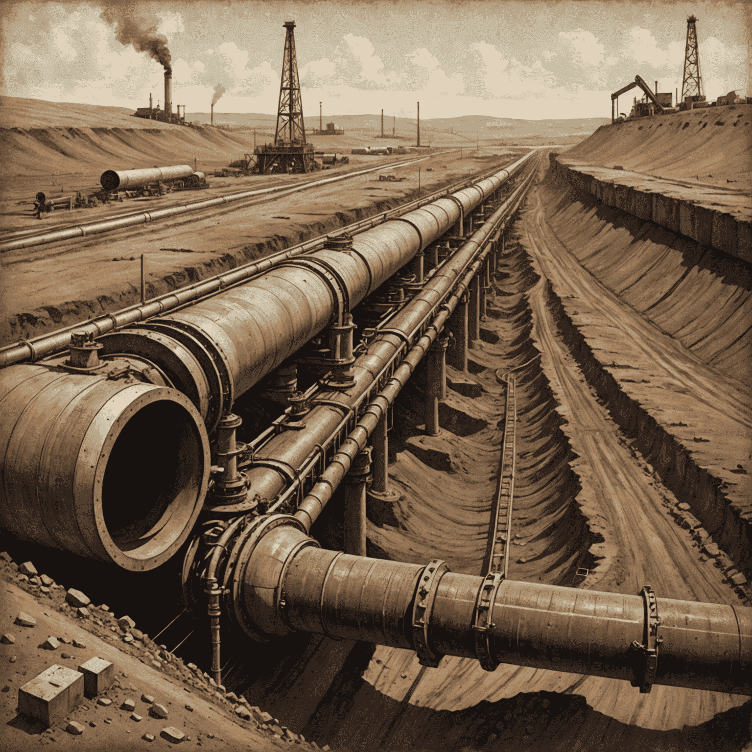 A vintage-style illustration of a cross-section of an oil pipeline, showing its layers and surrounding soil. The image has a hand-drawn quality with muted earth tones.