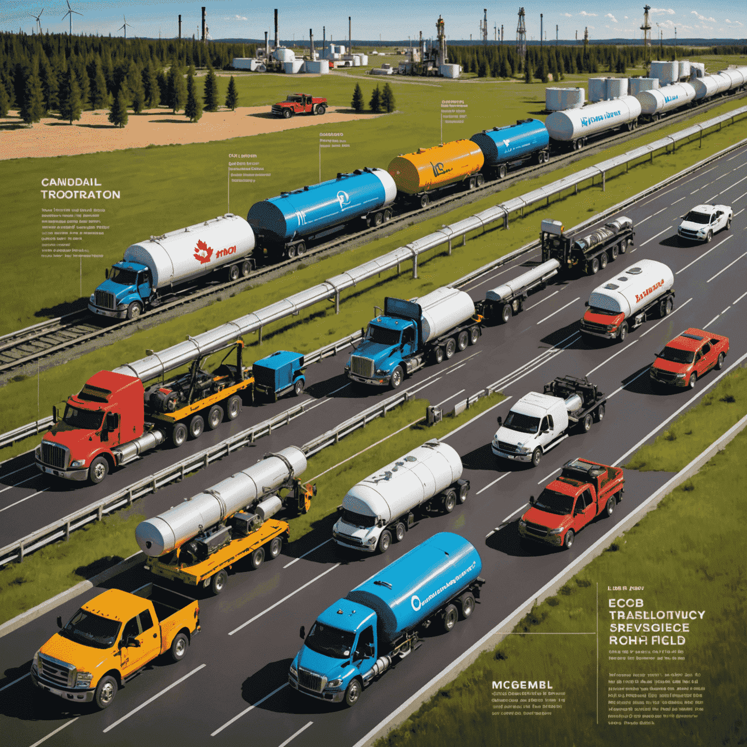 Infographic showing various future oil transportation methods including smart pipelines, eco-friendly trucks, and autonomous vehicles in Canadian oil fields