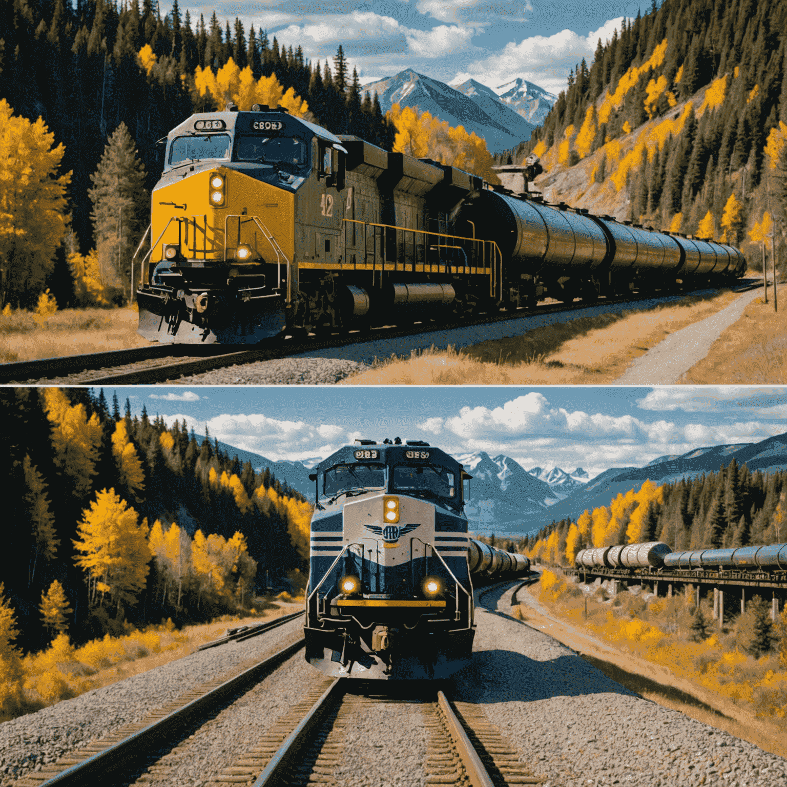 A split image comparing a vintage oil train with a modern pipeline, showcasing the contrast between rail and pipeline transportation methods in Canada.