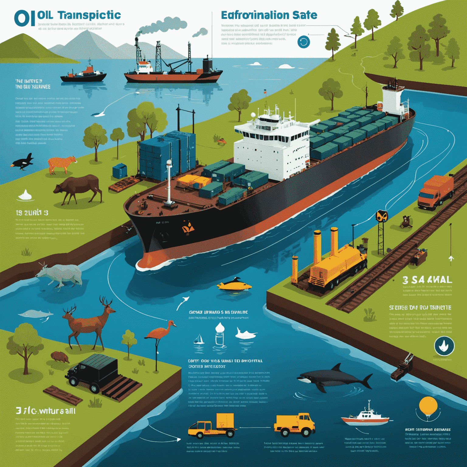 An infographic-style image showing the environmental considerations of oil transportation, including wildlife protection, water safety, and emissions reduction techniques.