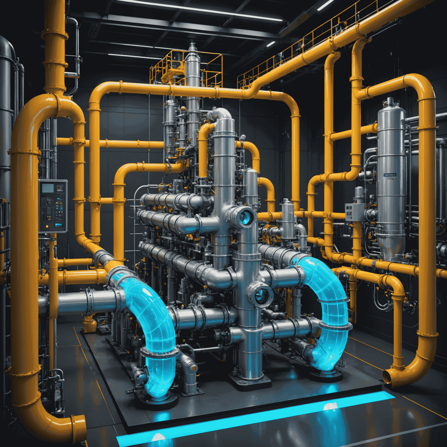 3D holographic display showing a detailed pipeline system with highlighted areas indicating potential weak points and maintenance needs