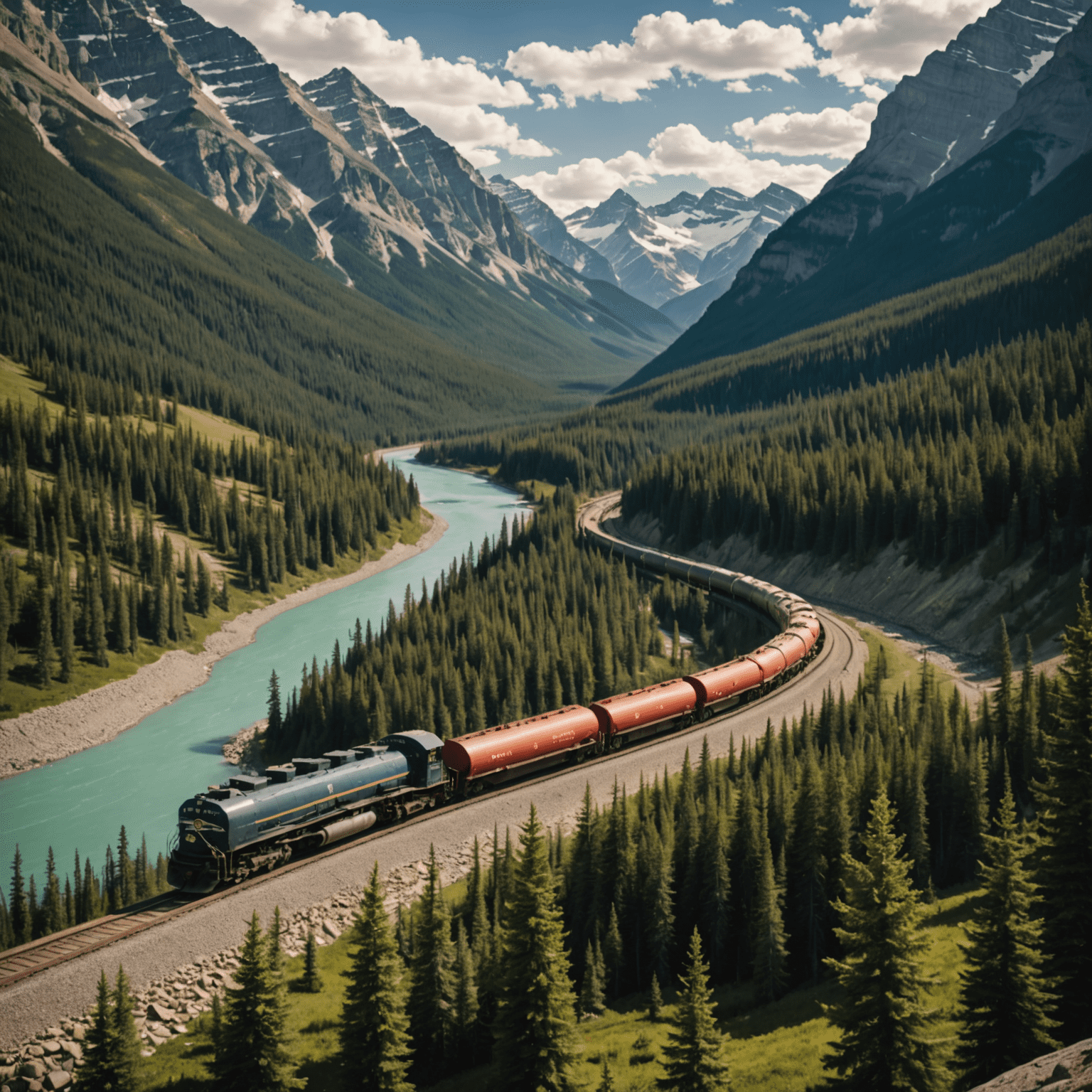 Vintage-style photograph of a long oil tanker train winding through the Canadian Rockies, emphasizing the flexibility and reach of rail transport