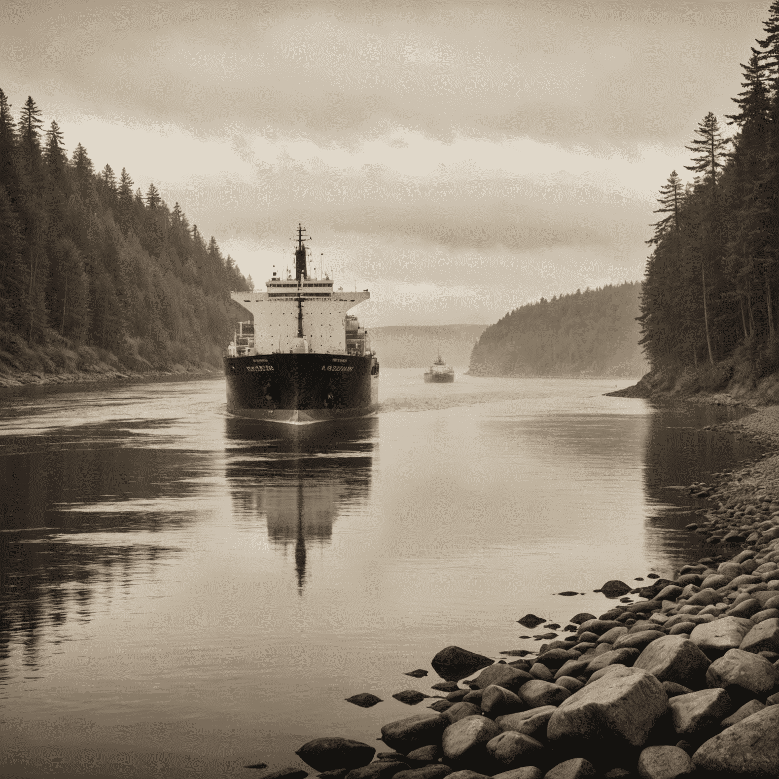 A sepia-toned photograph of an oil tanker navigating through a misty Canadian coastal waterway, with forested shores visible on either side. The image has a slightly faded quality to it.