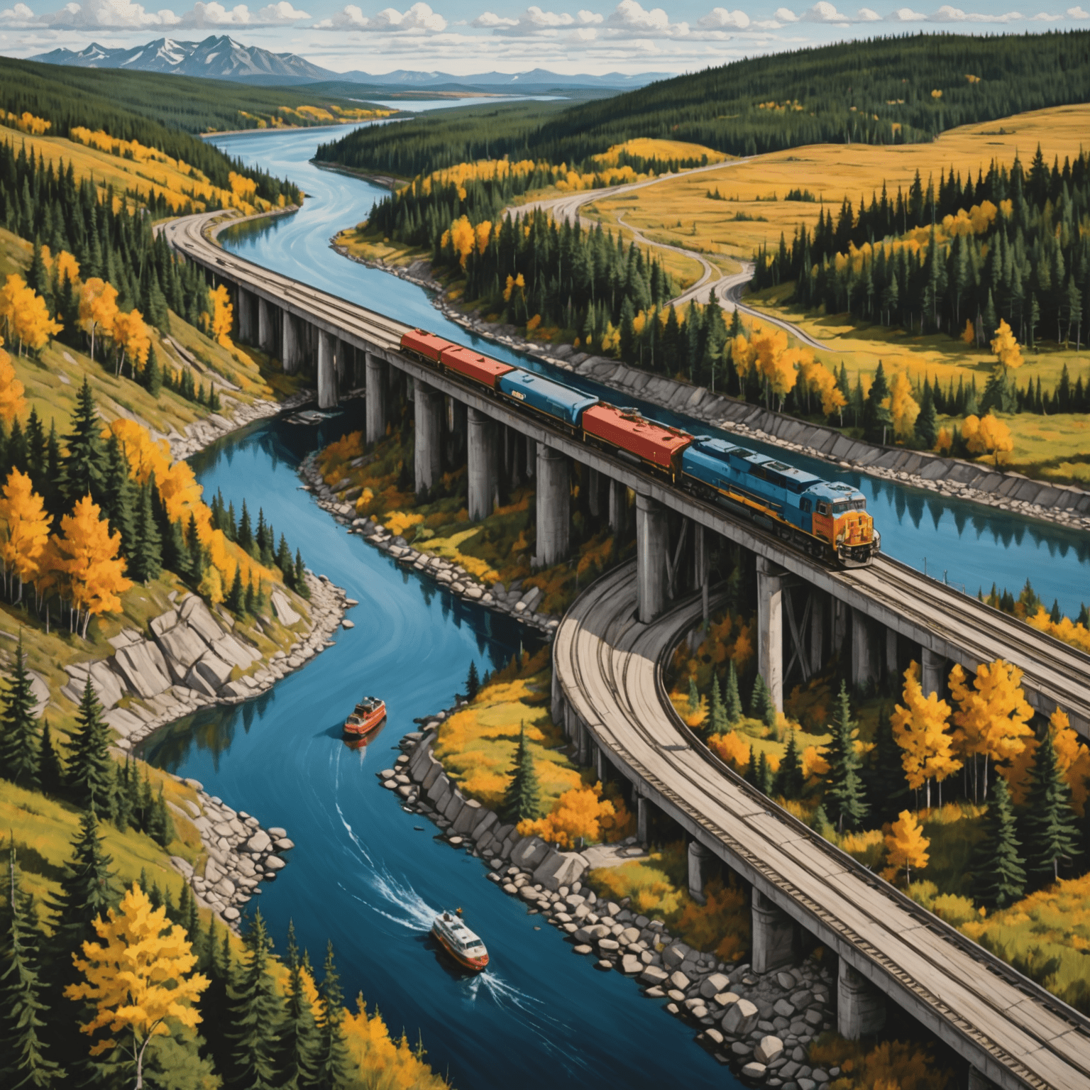 A hand-drawn illustration depicting the Canadian landscape with oil transportation infrastructure, highlighting environmental protection measures and wildlife corridors.