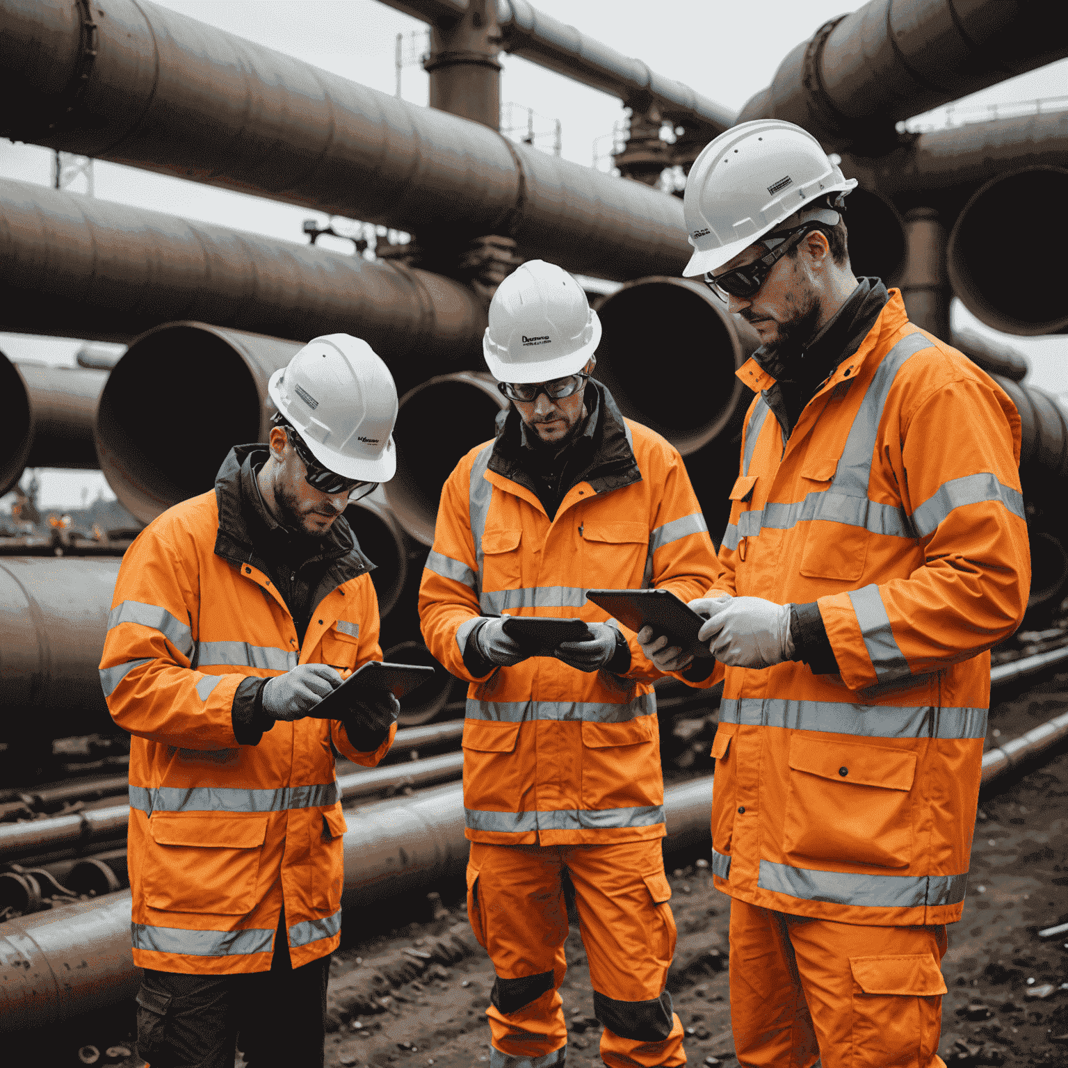 Workers in high-tech protective gear using augmented reality glasses to inspect and repair a section of pipeline