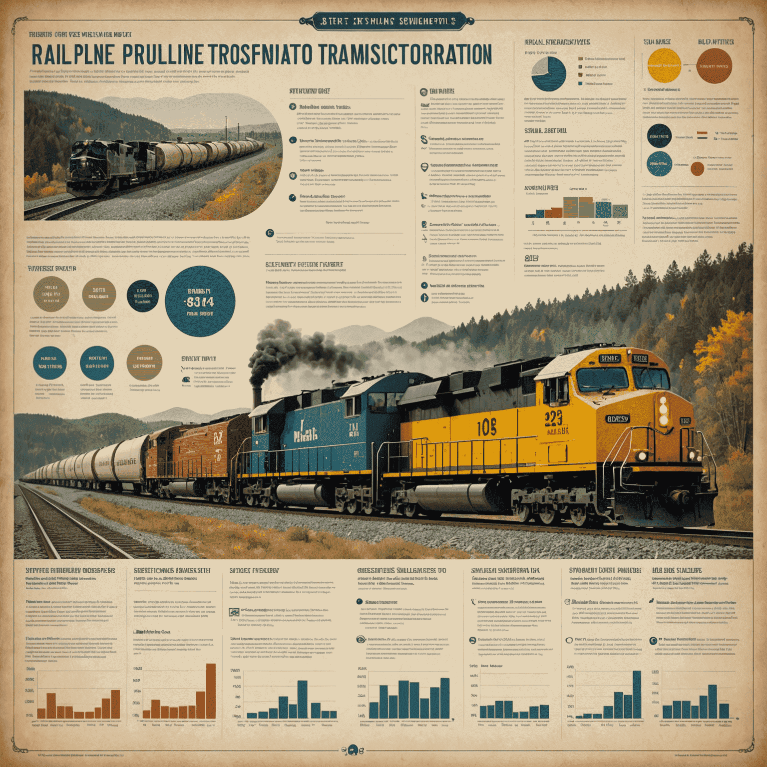 Infographic comparing the economic impacts of rail and pipeline transportation, showing job creation, investment costs, and market access benefits in a vintage chart style