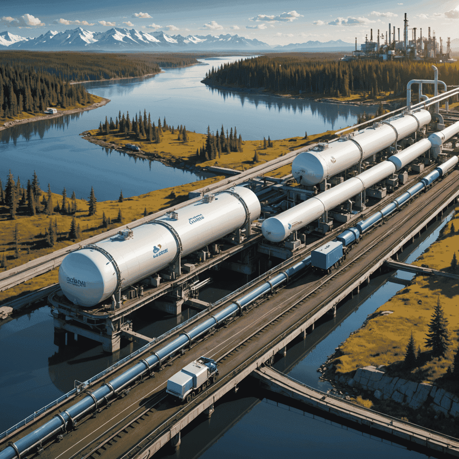 A futuristic illustration depicting advanced oil transportation methods in Canada, including automated systems, eco-friendly technologies, and innovative pipeline designs.